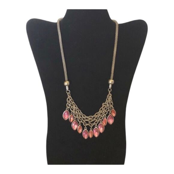 Retro Silver Toned Multicolored Pink Glass Dangling Beads Statement Bib Necklace - Picture 3 of 7